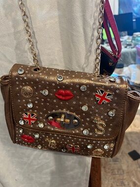 Embellished Metallic Brown Crossbody Bag with Chain Strap